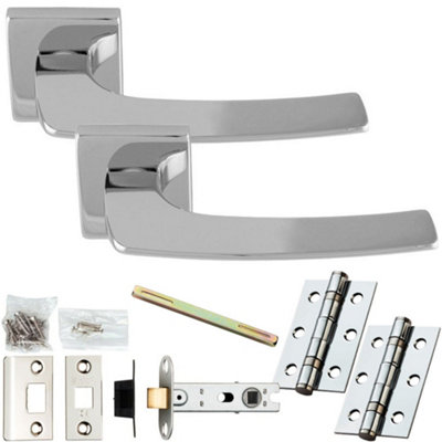 Door Handle & Latch Pack - Polished Chrome - Slim Curved Bar Lever On Square Rose