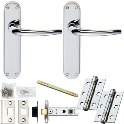 Door Handle & Latch Pack - Polished Chrome - Slim Curved Lever On Rounded Backplate