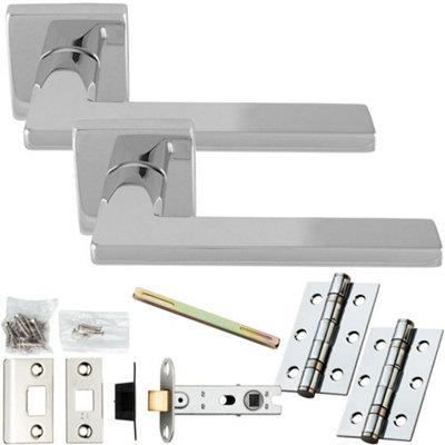 Door Handle & Latch Pack - Polished Chrome - Slim Smooth Bar Lever On Square Rose