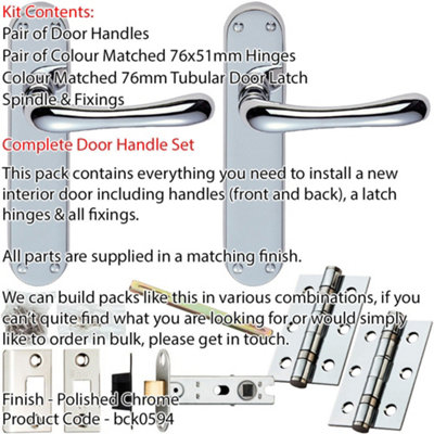 Door Handle & Latch Pack - Polished Chrome - Smooth Lever On Rounded Backplate
