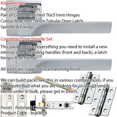 Door Handle & Latch Pack - Polished Chrome - Smooth Scalloped Bar Lever On Square Rose