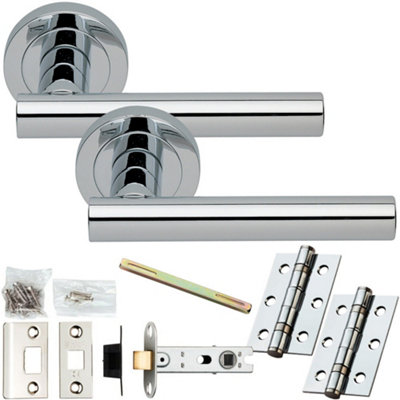 Door Handle & Latch Pack - Polished Chrome - Straight Round Bar Lever On Round Rose