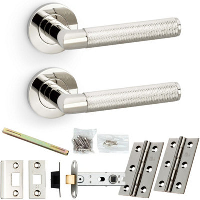Door Handle & Latch Pack - Polished Nickel Mitred Knurled Bar Lever On Round Rose