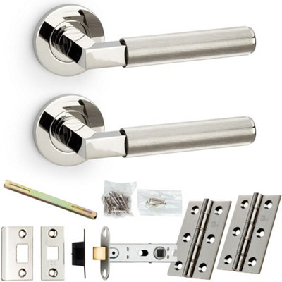 Door Handle & Latch Pack - Polished Nickel - Mitred Reeded Lined Lever On Round Rose