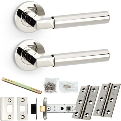 Door Handle & Latch Pack - Polished Nickel - Mitred Smooth Bar Lever On Round Rose