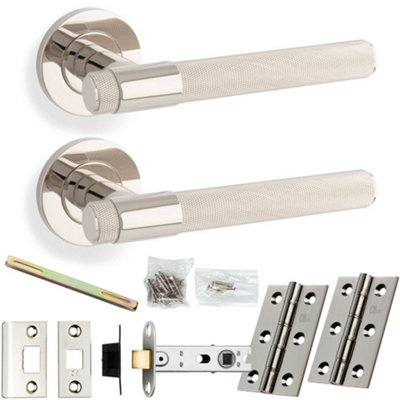 Door Handle & Latch Pack - Polished Nickel - Modern Knurled Bar Lever On Round Rose