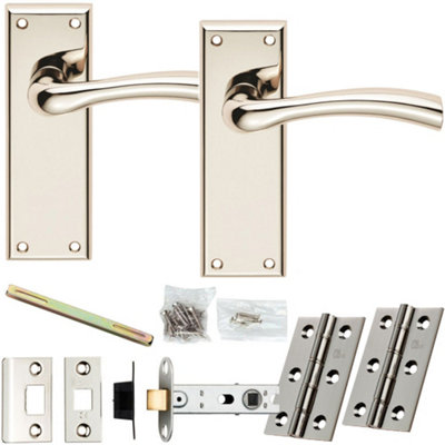 Door Handle & Latch Pack - Polished Nickel - Rounded Curved Bar Lever On Backplate