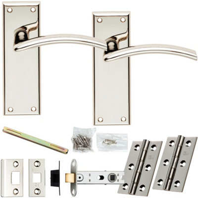 Door Handle & Latch Pack - Polished Nickel - Slim Curved Bar Lever On Backplate
