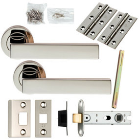 Door Handle & Latch Pack Polished Nickel Square Lever Screwless Round Rose