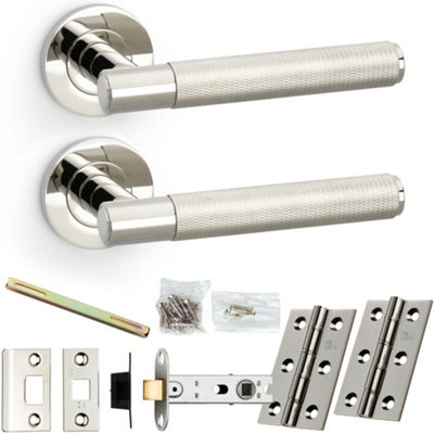 Door Handle & Latch Pack - Polished Nickel - Straight Knurled Bar Lever On Round Rose