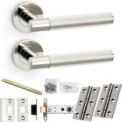 Door Handle & Latch Pack - Polished Nickel - Straight Reeded Lined Lever On Round Rose