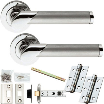 Door Handle & Latch Pack - Polished & Satin Chrome - Designer Bar Lever On Round Rose