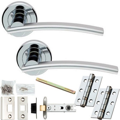 Door Handle & Latch Pack - Polished & Satin Chrome - Slim Arched Lever On Round Rose