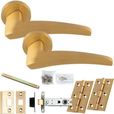 Door Handle & Latch Pack - Satin Brass - Chunky Curved Arched Lever On Round Rose