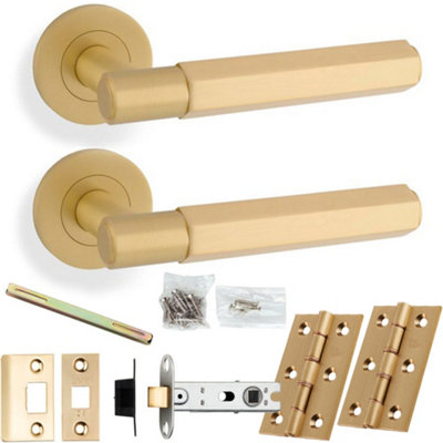 Door Handle & Latch Pack - Satin Brass - Industrial Hex Lever On Round Rose