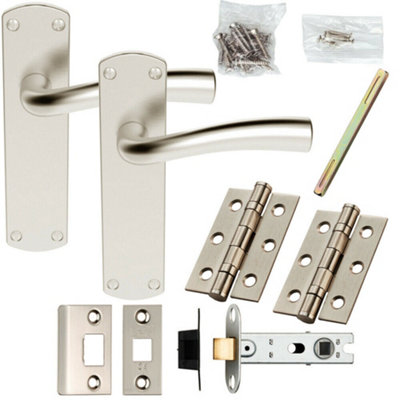 Door Handle & Latch Pack Satin Chrome Chunky Curved Lever Rounded Backplate