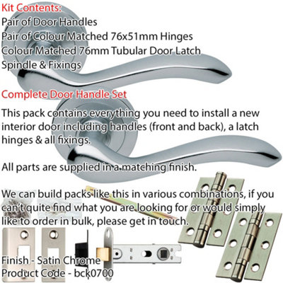Door Handle & Latch Pack - Satin Chrome - Modern Scroll Bar Lever On Round Rose
