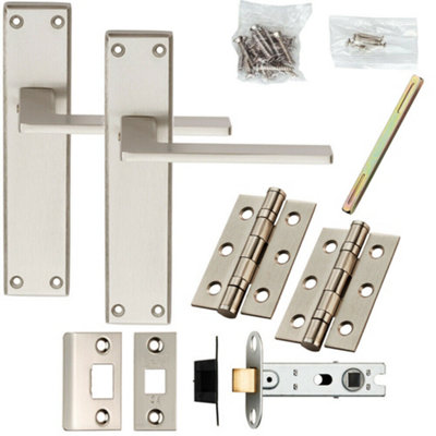 DOOR HANDLE & LATCH PACK SATIN CHROME SLIM STRAIGHT LEVER SQUARE BACKPLATE