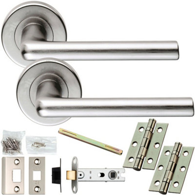 Door Handle & Latch Pack - Satin Chrome - Thin Slim Straight Bar Lever On Round Rose