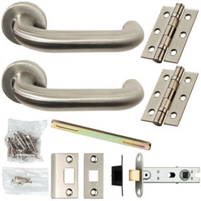 Door Handle & Latch Pack Satin Steel Curved Safety Lever Screwless Round Rose