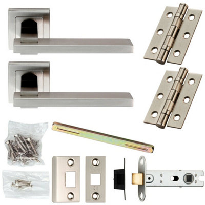 Door Handle & Latch Pack Satin Steel Modern Slim Lever Screwless Square ...