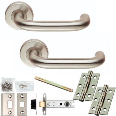 Door Handle & Latch Pack - Satin Steel - Round Curved Bar Lever On Round Rose