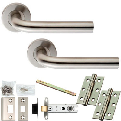 Door Handle & Latch Pack - Satin Steel - Rounded Bar Lever On Round ...