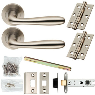 Door Handle & Latch Pack Satin Steel Smooth Flared Lever Screwless ...