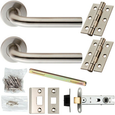 Door Handle & Latch Pack Satin Steel Straight Bar Lever Screwless Round Rose