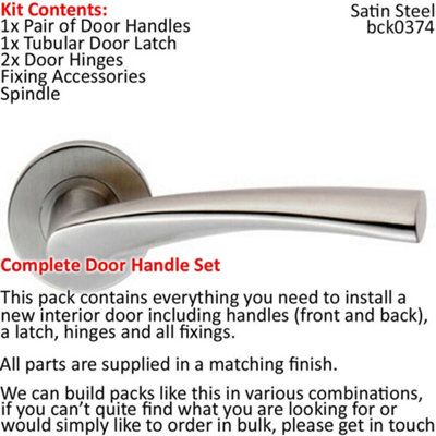 Door Handle & Latch Pack Satin Steel Twisted Arched Lever Screwless Round Rose