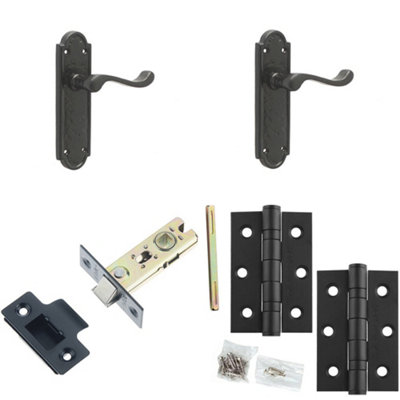 Door Handle & Latch Set Antique Black Sculpted Rounded Lever Latch Backplate