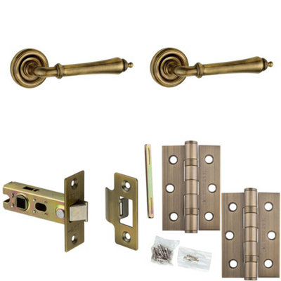 Door Handle & Latch Set Antique Brass Antique Style Lever Round Recessed On Rose