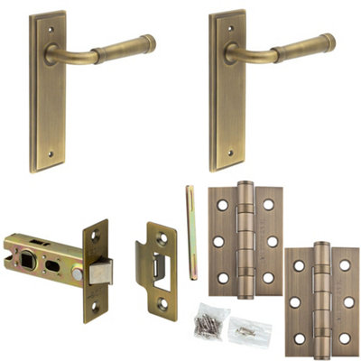 Door Handle & Latch Set Antique Brass Grooved Premium Rounded Lever Latch Backplate