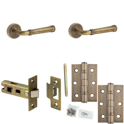 Door Handle & Latch Set Antique Brass Grooved Premium Rounded Lever Round Plain On Rose