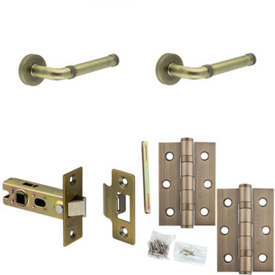 Door Handle & Latch Set Antique Brass Knurled-Edged Premium Rounded Lever Round Plain On Rose