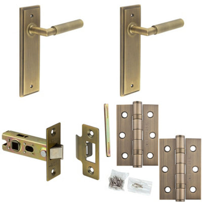 Door Handle & Latch Set Antique Brass Knurled Premium Rounded Lever Latch Backplate