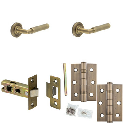 Door Handle & Latch Set Antique Brass Knurled Premium Rounded Lever Round Reeded On Rose
