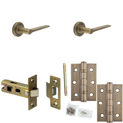 Door Handle & Latch Set Antique Brass Slim Tapered Lever Round Knurled On Rose