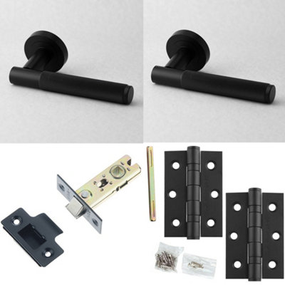 Door Handle & Latch Set Black Knurled Premium Rounded Lever Round Plain On Rose