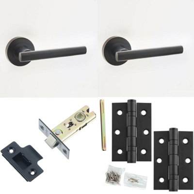 Door Handle & Latch Set Black Premium Rounded Thin Lever Round Plain On Rose