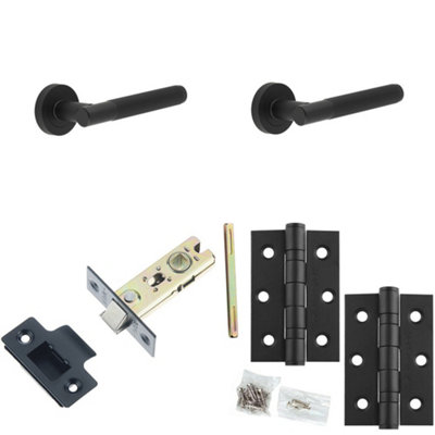 Door Handle & Latch Set Black Ridged Premium Rounded Lever Round Plain On Rose