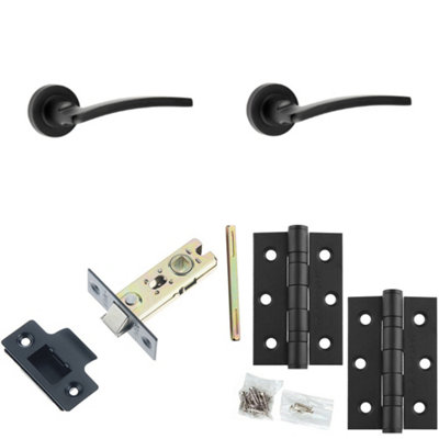 Door Handle & Latch Set Black Slim Curved Lever Round Plain On Rose