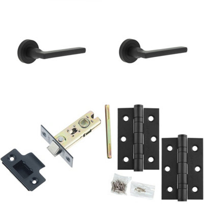 Door Handle & Latch Set Black Slim Mitred Lever Round Plain On Rose