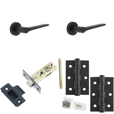 Door Handle & Latch Set Black Slim Rounded Lever Round Plain On Rose