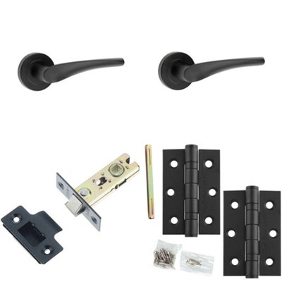 Door Handle & Latch Set Black Twisted Thin Lever Round Plain On Rose