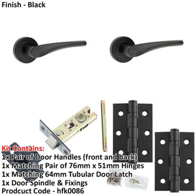 Door Handle & Latch Set Black Twisted Thin Lever Round Plain On Rose
