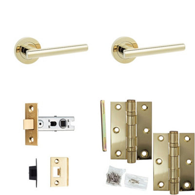 Door Handle & Latch Set Brass Premium Rounded Lever Round Plain On Rose