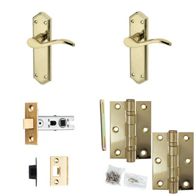 Door Handle & Latch Set Brass Sculpted Slim Lever Latch Backplate