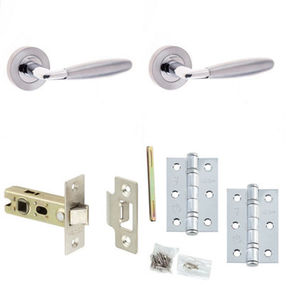 Door Handle & Latch Set Chrome Convex Lever Round Plain On Rose