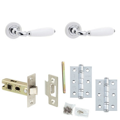Door Handle & Latch Set Chrome Convex White Lever Round Plain On Rose